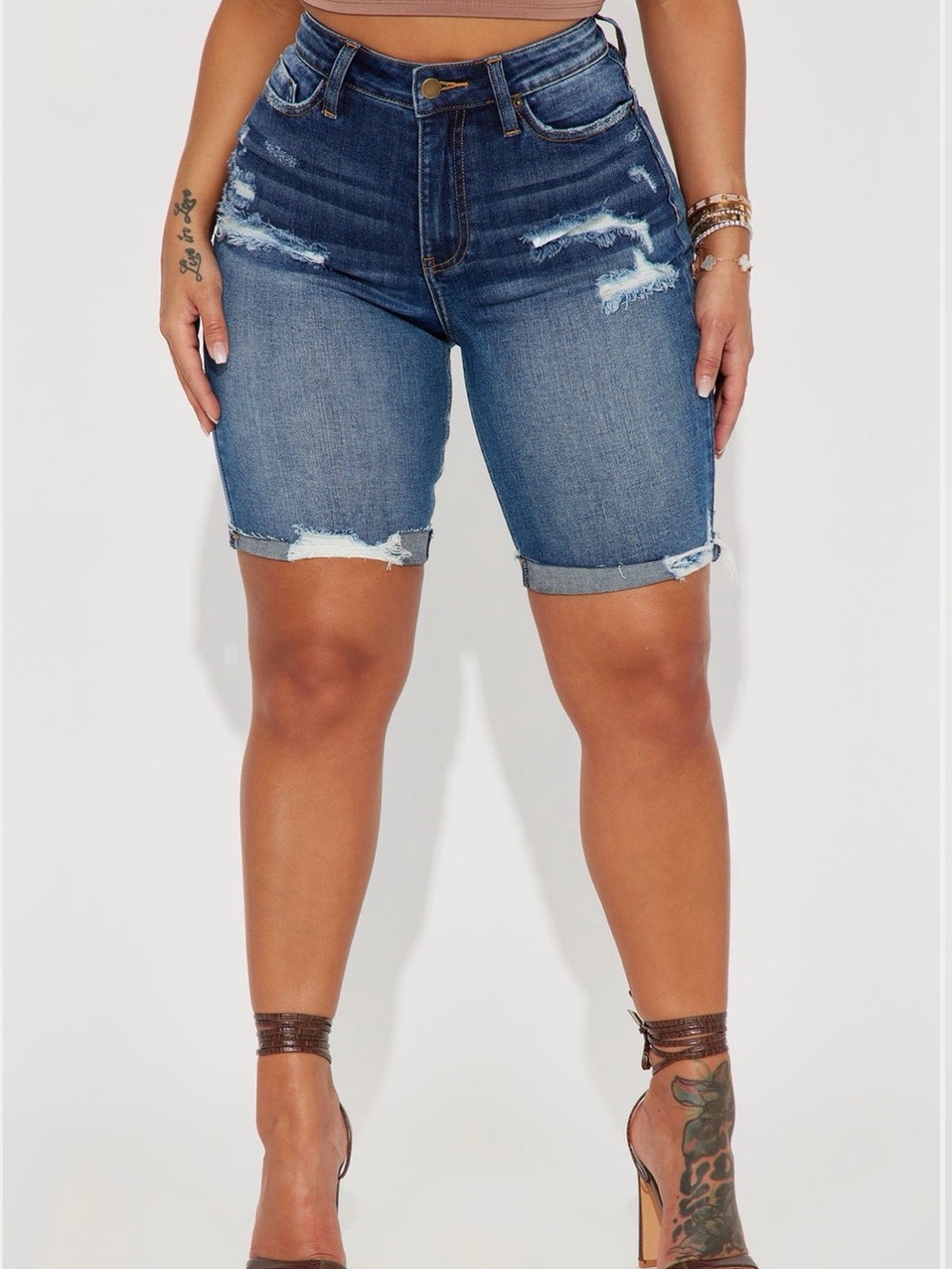 Fashion Nova Women's Distressed Blue Denim Bermuda Shorts